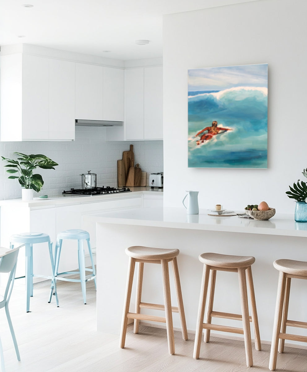 Original painting of a surfer girl and blue wave